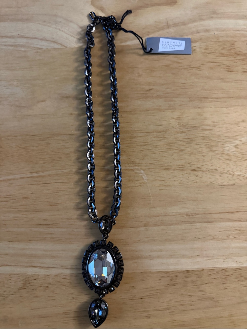 Swarovski Clear Crystal Pendant Necklace with Dark Metallic Chain